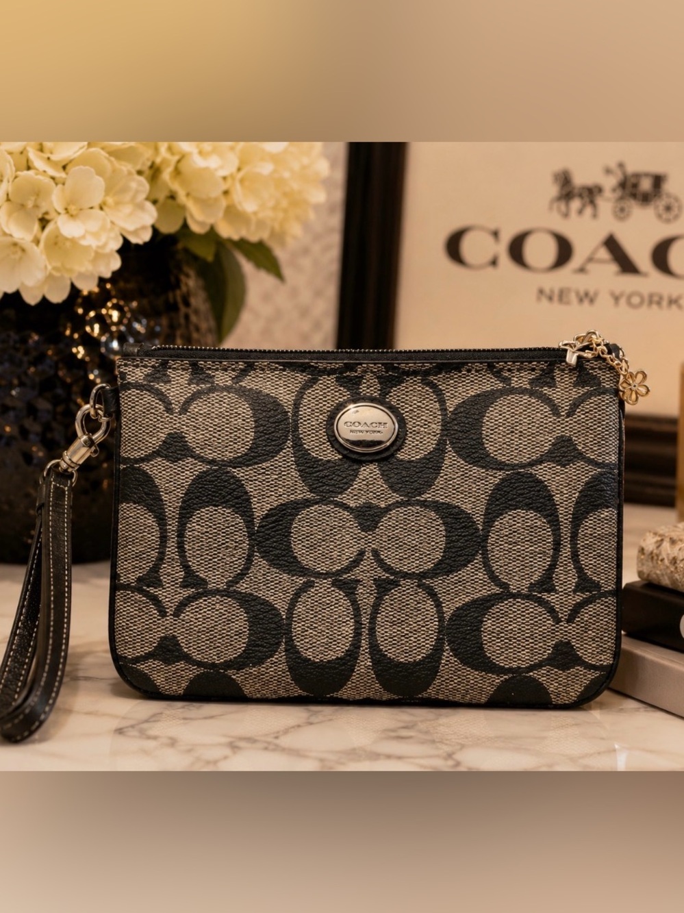 Coach Monogram Canvas Wristlet - Black & Tan